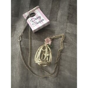 Vintage Style Daisy Shoppe Birdcage Pendant Necklace Gold Tone Charms Chain
